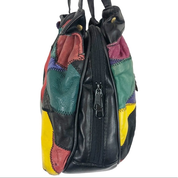 VINTAGE 80s Postmodern Multicolor Leather Patchwork Satchel Shoulder Bag - Picture 5 of 9